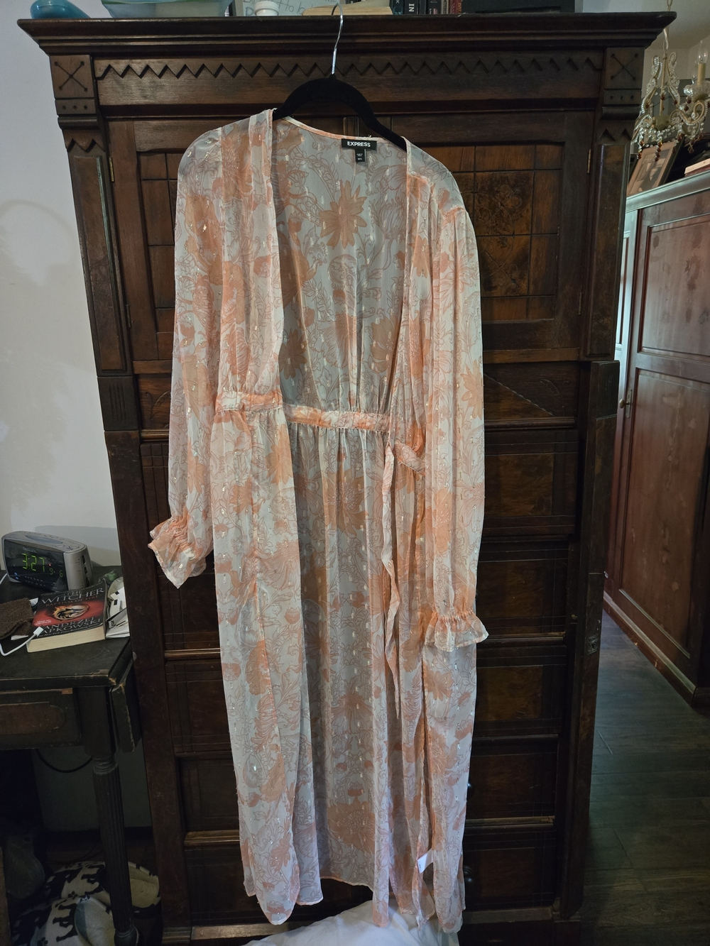 Express Sheer Peach Floral Long Cover with Tie Waist